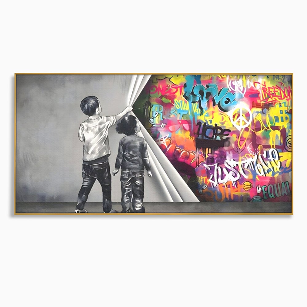 Tablou canvas cu tablou canvas cu copii si perete grafitti, in rama de aluminiu auriu