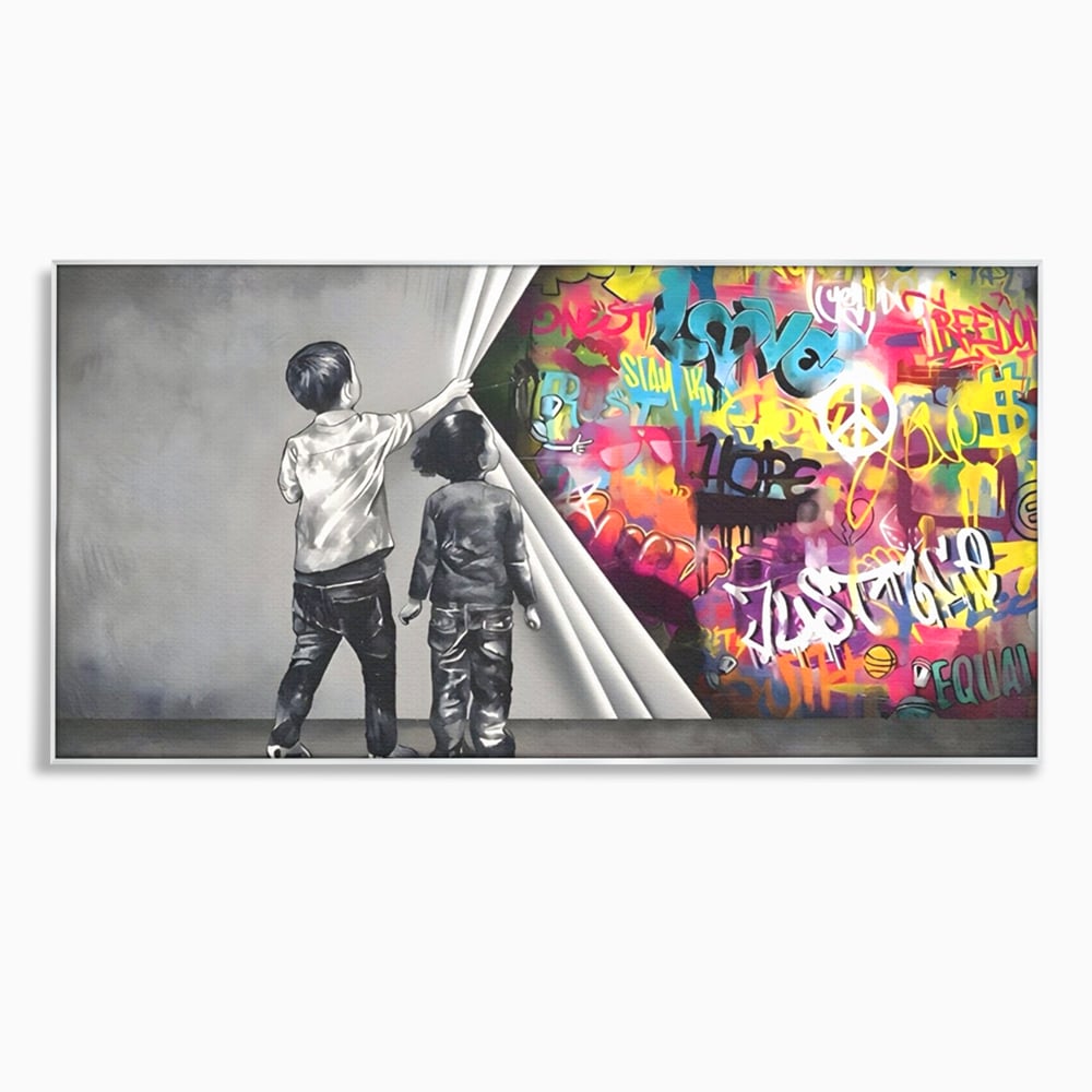 Tablou canvas cu tablou canvas cu copii si perete grafitti, in rama de aluminiu argintiu