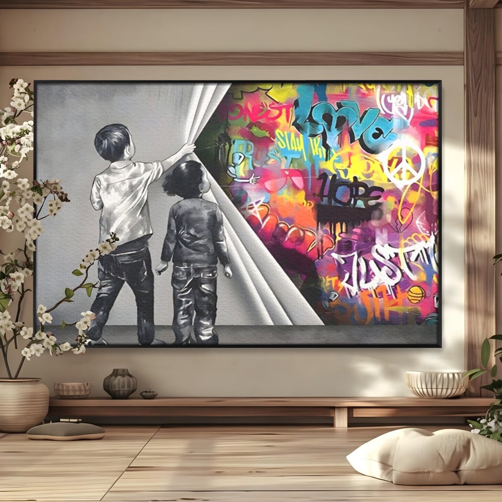 Tablou canvas cu tablou canvas cu copii si perete grafitti, in rama de aluminiu negru