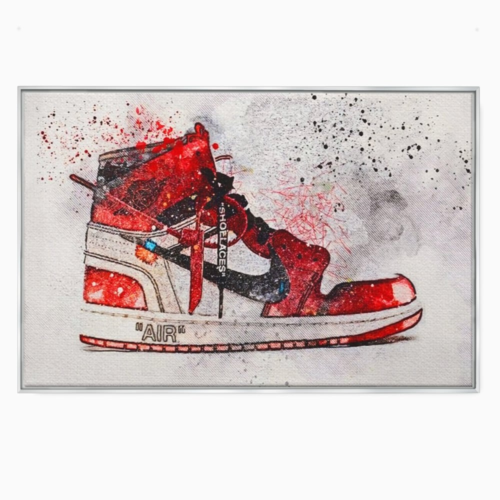 Tablou canvas cu tablou canvas cu pantof sport rosu, in rama de aluminiu argintiu
