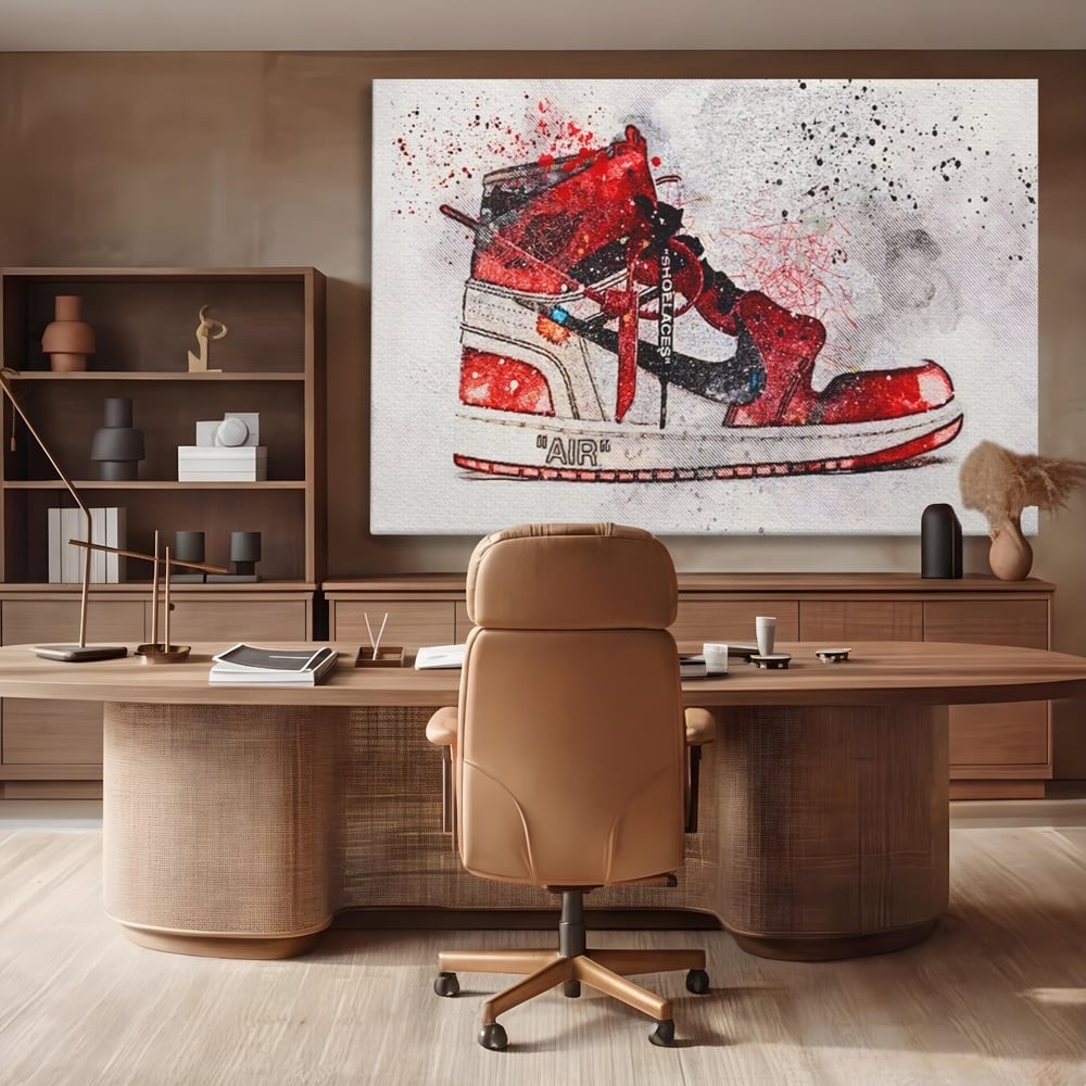 Tablou canvas cu tablou canvas cu pantof sport rosu, fara rama, pe sasiu de lemn, pe perete intr-un birou