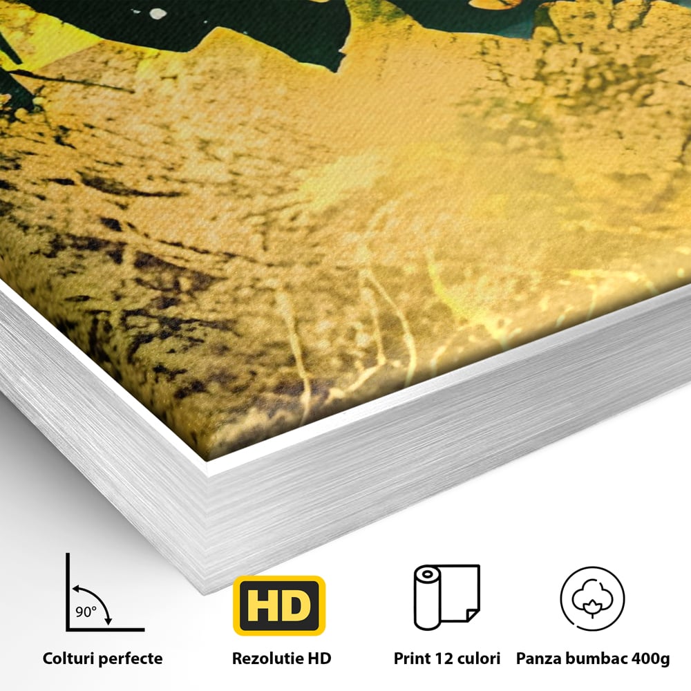 Detaliu al suprafetei: tablou canvas abstract verde si auriu, in rama de aluminiu argintiu