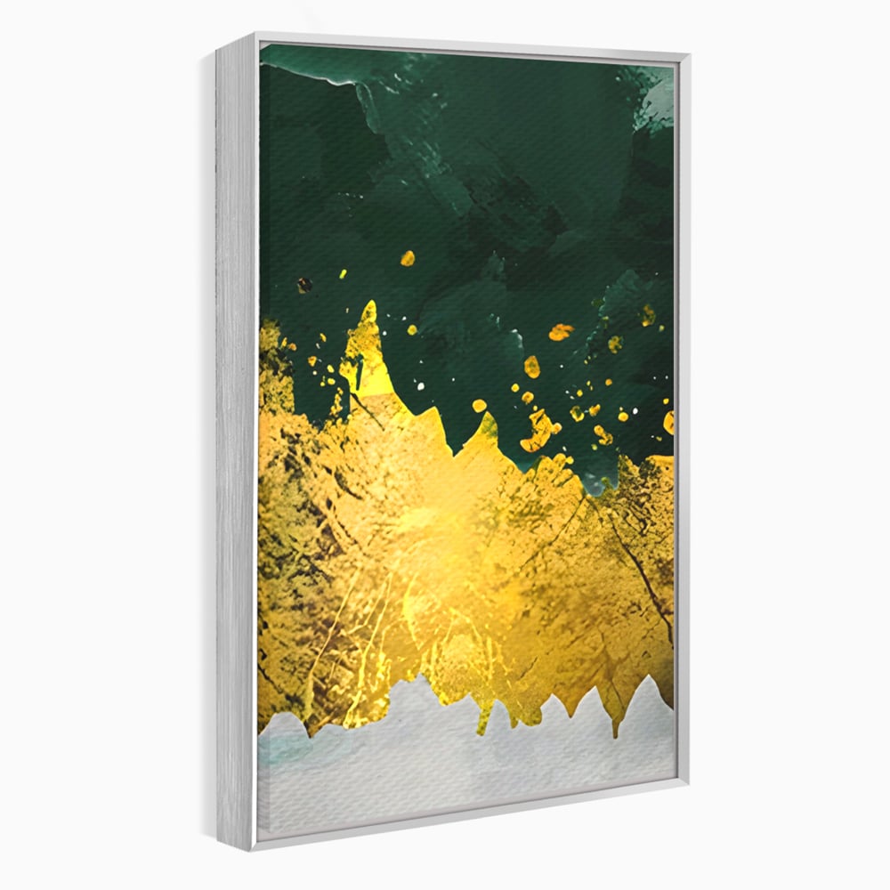 Tablou canvas cu tablou canvas abstract verde si auriu, in rama de aluminiu argintiu