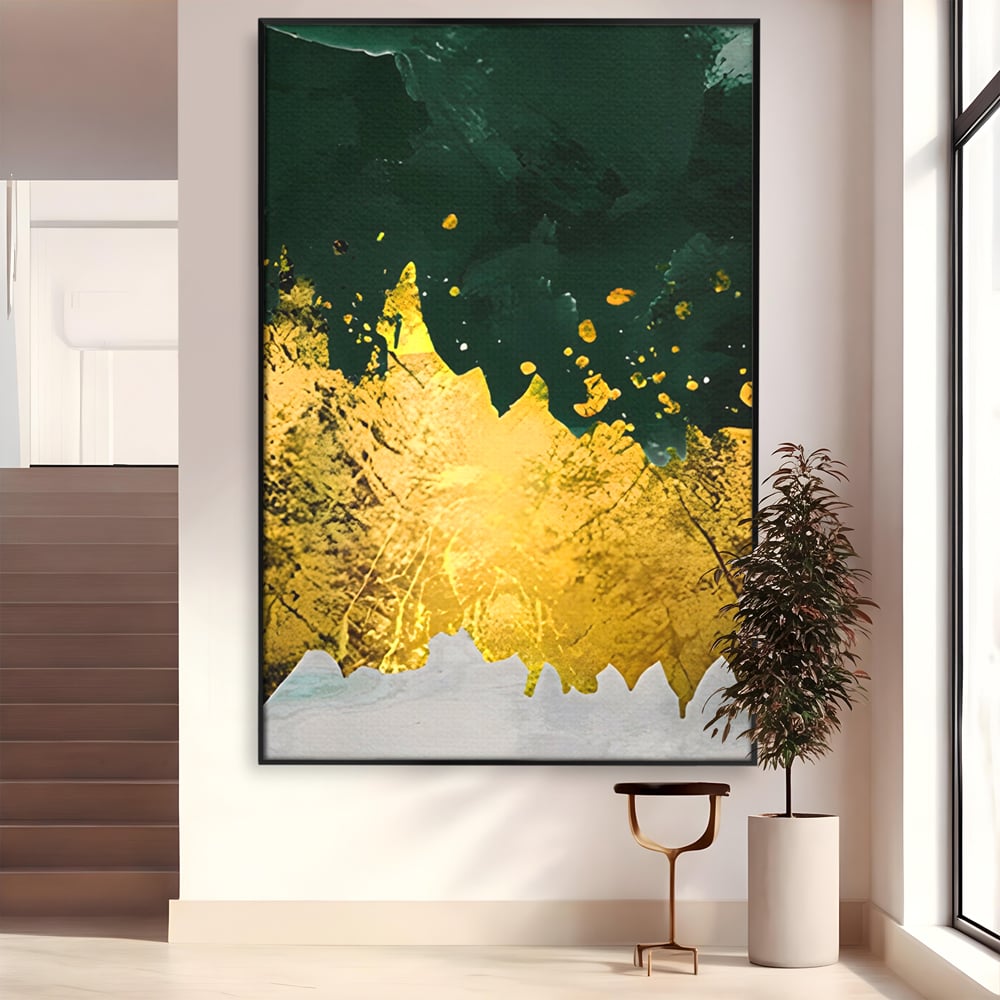 Tablou canvas cu tablou canvas abstract verde si auriu, in rama de aluminiu negru