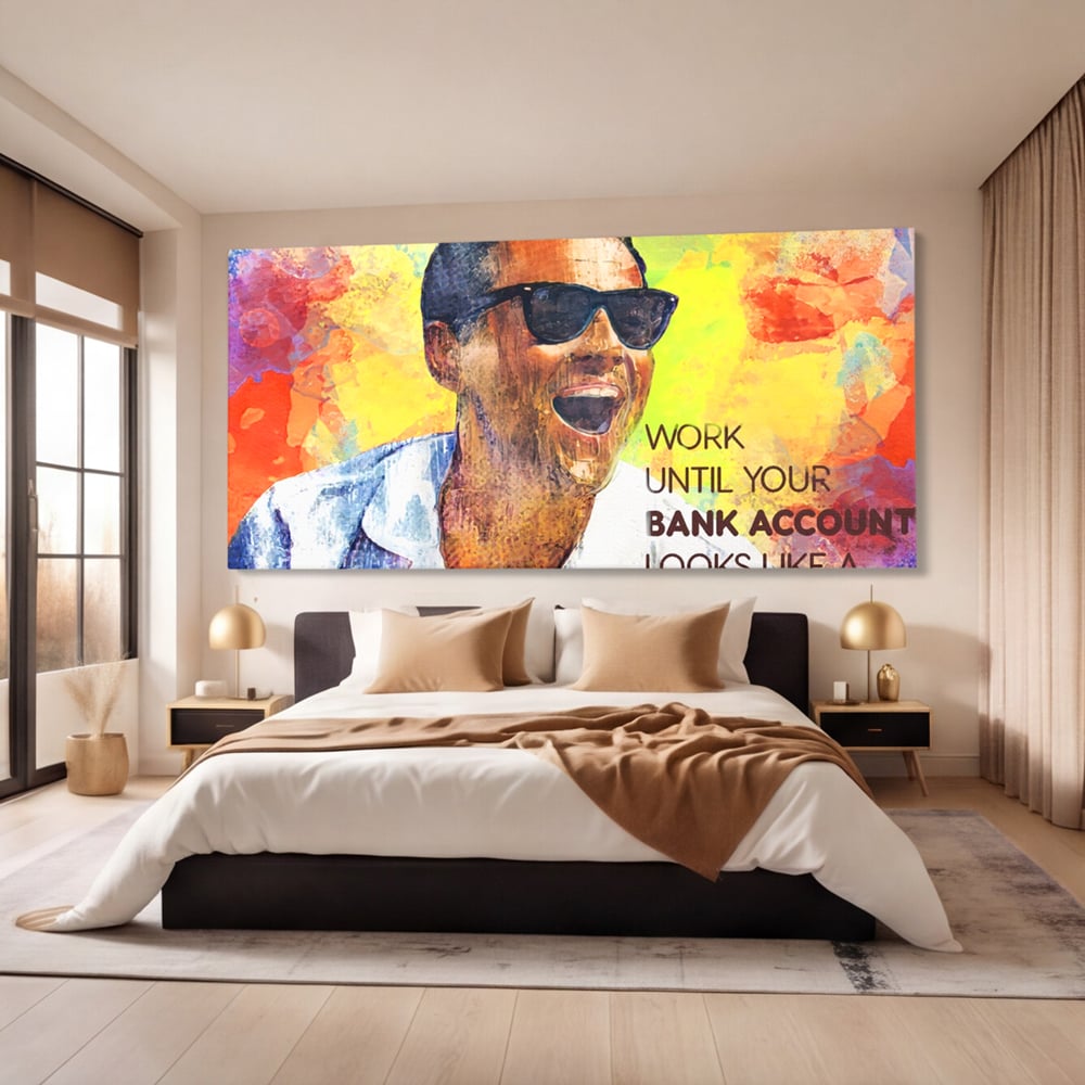 Tablou canvas cu tablou motivational cu portretul lui leo dicaprio, fara rama, pe sasiu de lemn, pe perete intr-un dormitor