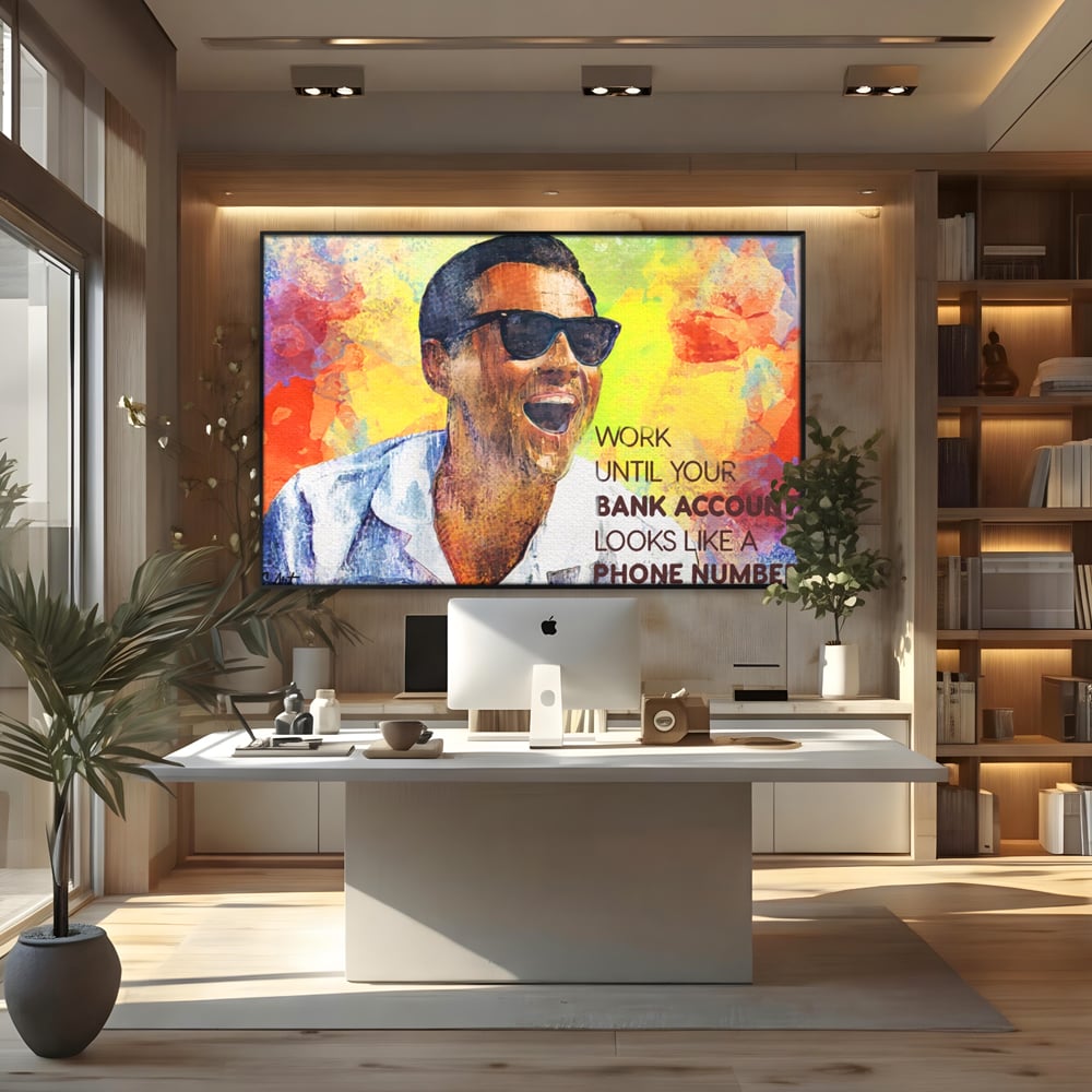 Tablou canvas cu tablou motivational cu portretul lui leo dicaprio, in rama de aluminiu negru, pe perete intr-un birou