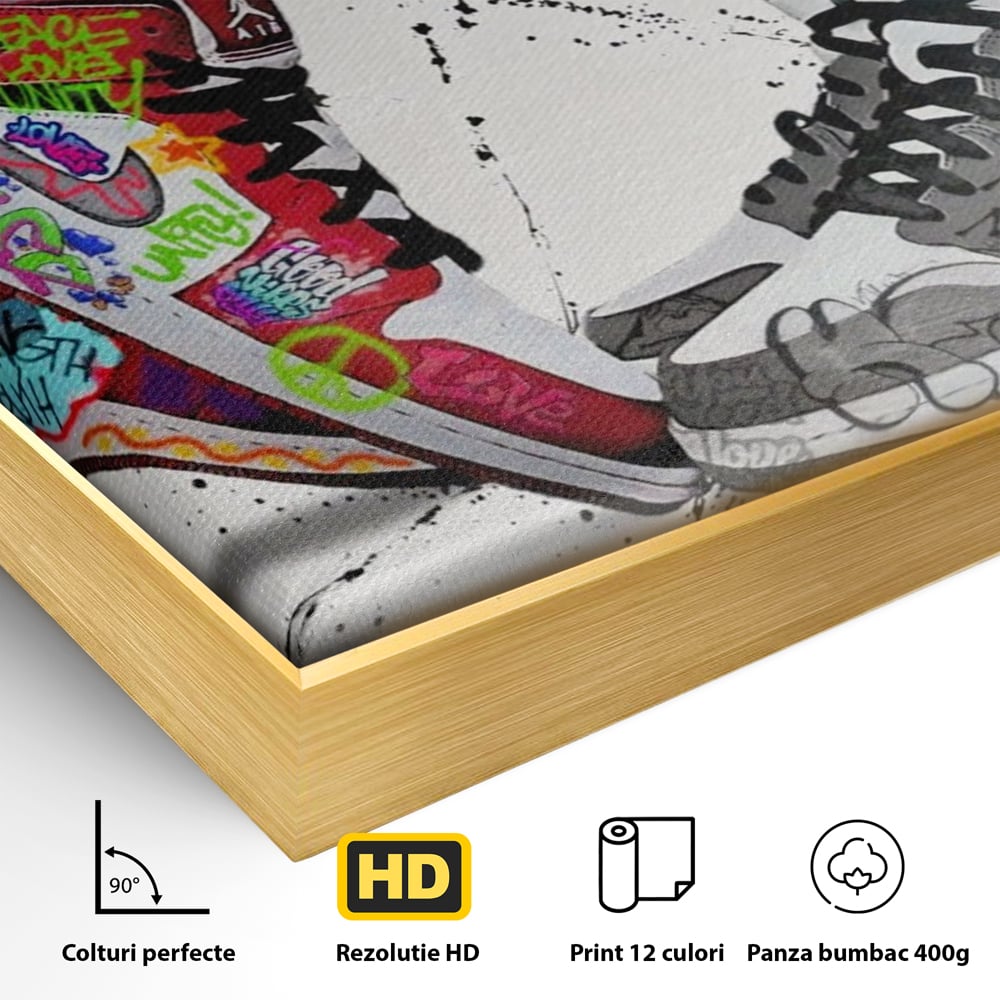 Detaliu al suprafetei: tablou canvas cu adidasi graffiti si picioare, in rama de aluminiu auriu