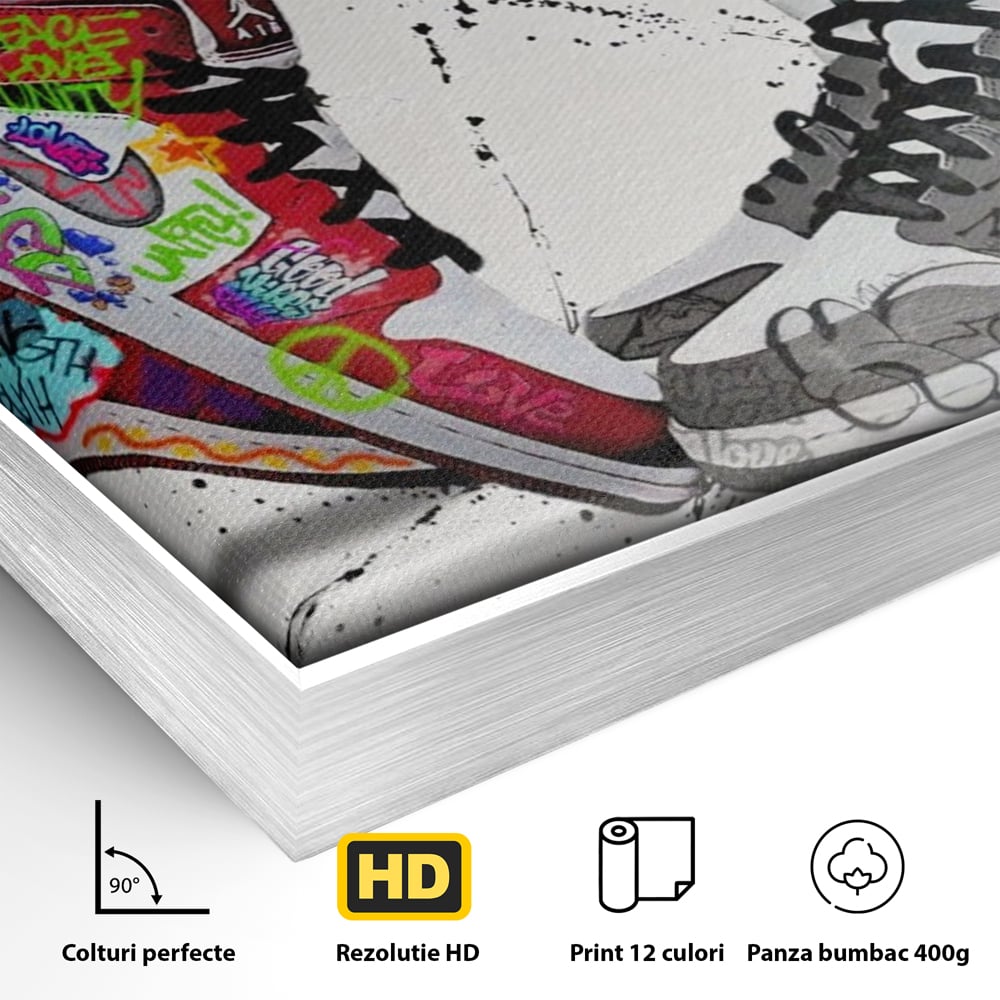 Detaliu al suprafetei: tablou canvas cu adidasi graffiti si picioare, in rama de aluminiu argintiu