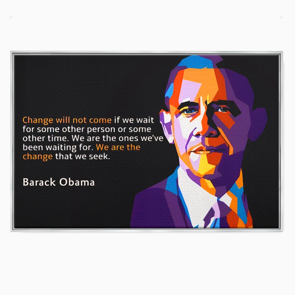 Tablou canvas cu tablou canvas cu portretul stilizat al lui barack obama, in rama de aluminiu argintiu