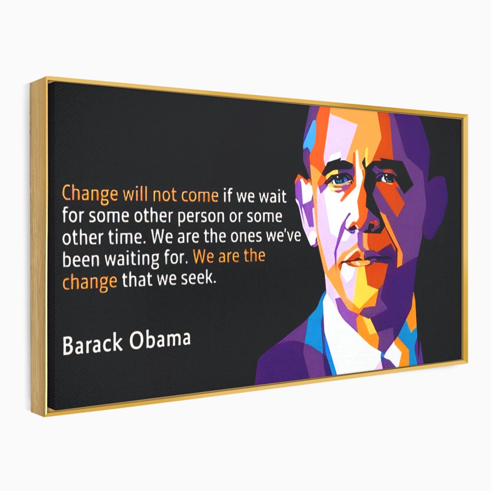 Tablou canvas cu tablou canvas cu portretul stilizat al lui barack obama, in rama de aluminiu auriu