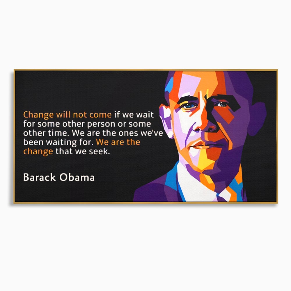 Tablou canvas cu tablou canvas cu portretul stilizat al lui barack obama, in rama de aluminiu auriu