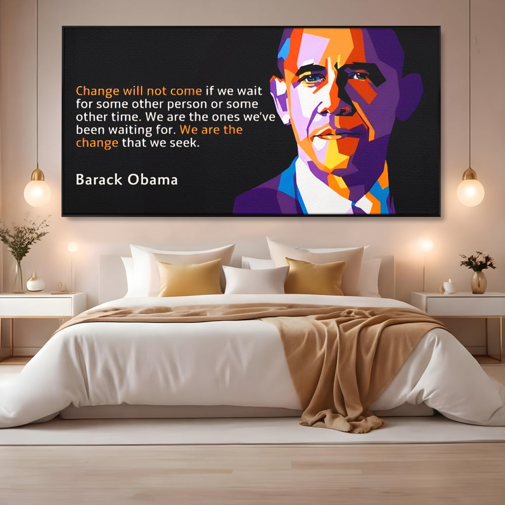 Tablou canvas cu tablou canvas cu portretul stilizat al lui barack obama, in rama de aluminiu negru, pe perete intr-un dormitor