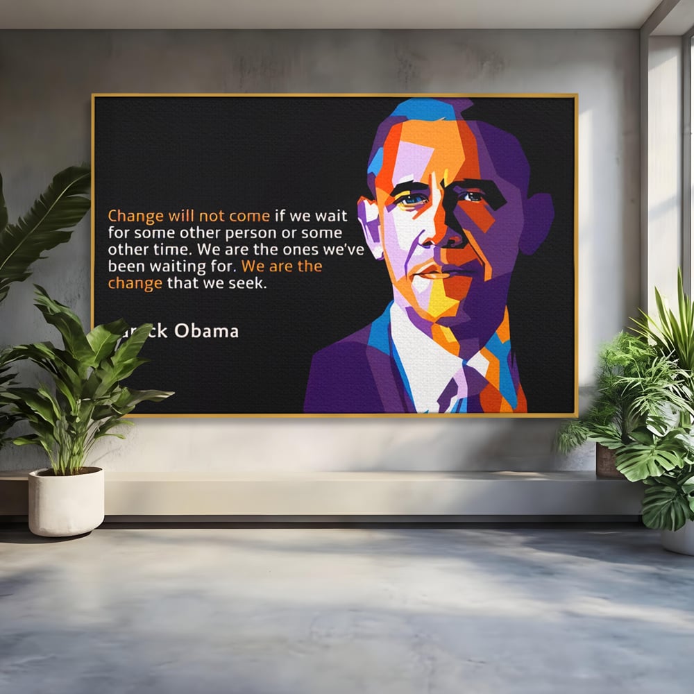 Tablou canvas cu tablou canvas cu portretul stilizat al lui barack obama, in rama de aluminiu auriu