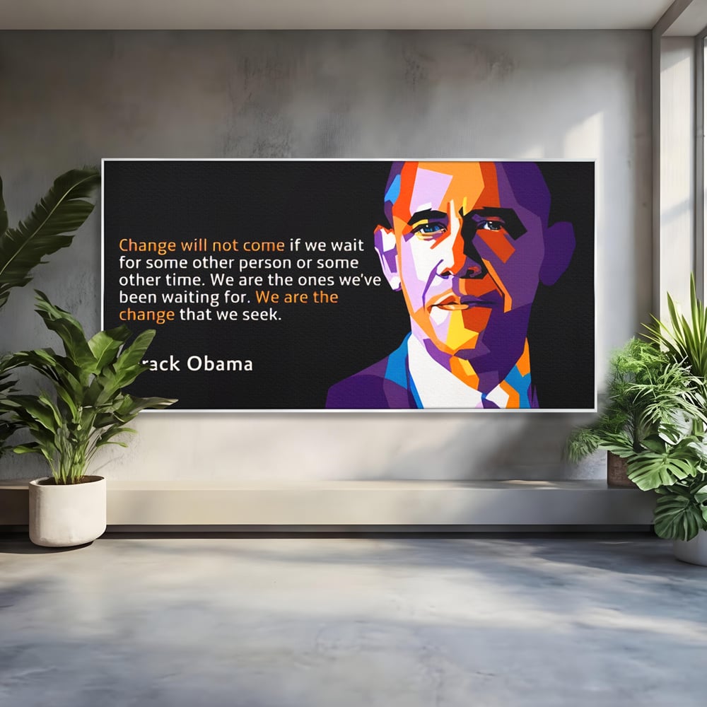 Tablou canvas cu tablou canvas cu portretul stilizat al lui barack obama, in rama de aluminiu argintiu