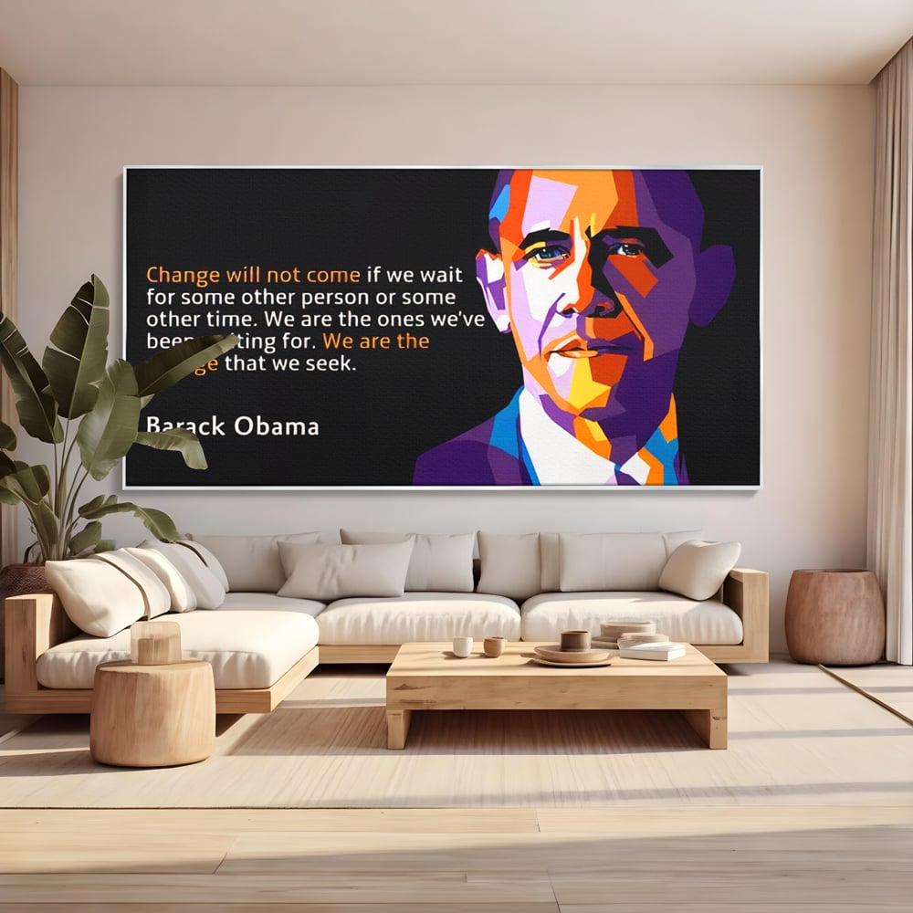 Tablou canvas cu tablou canvas cu portretul stilizat al lui barack obama, in rama de aluminiu argintiu, pe perete intr-un living