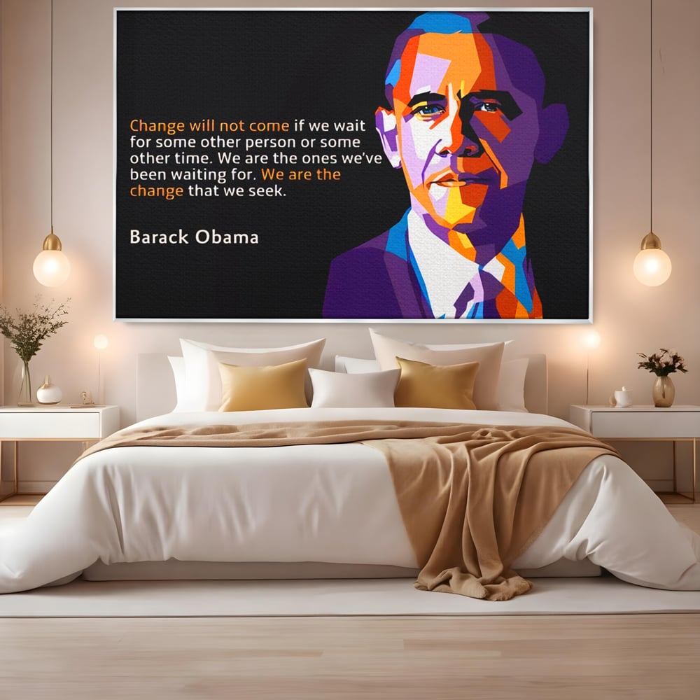 Tablou canvas cu tablou canvas cu portretul stilizat al lui barack obama, in rama de aluminiu argintiu, pe perete intr-un dormitor