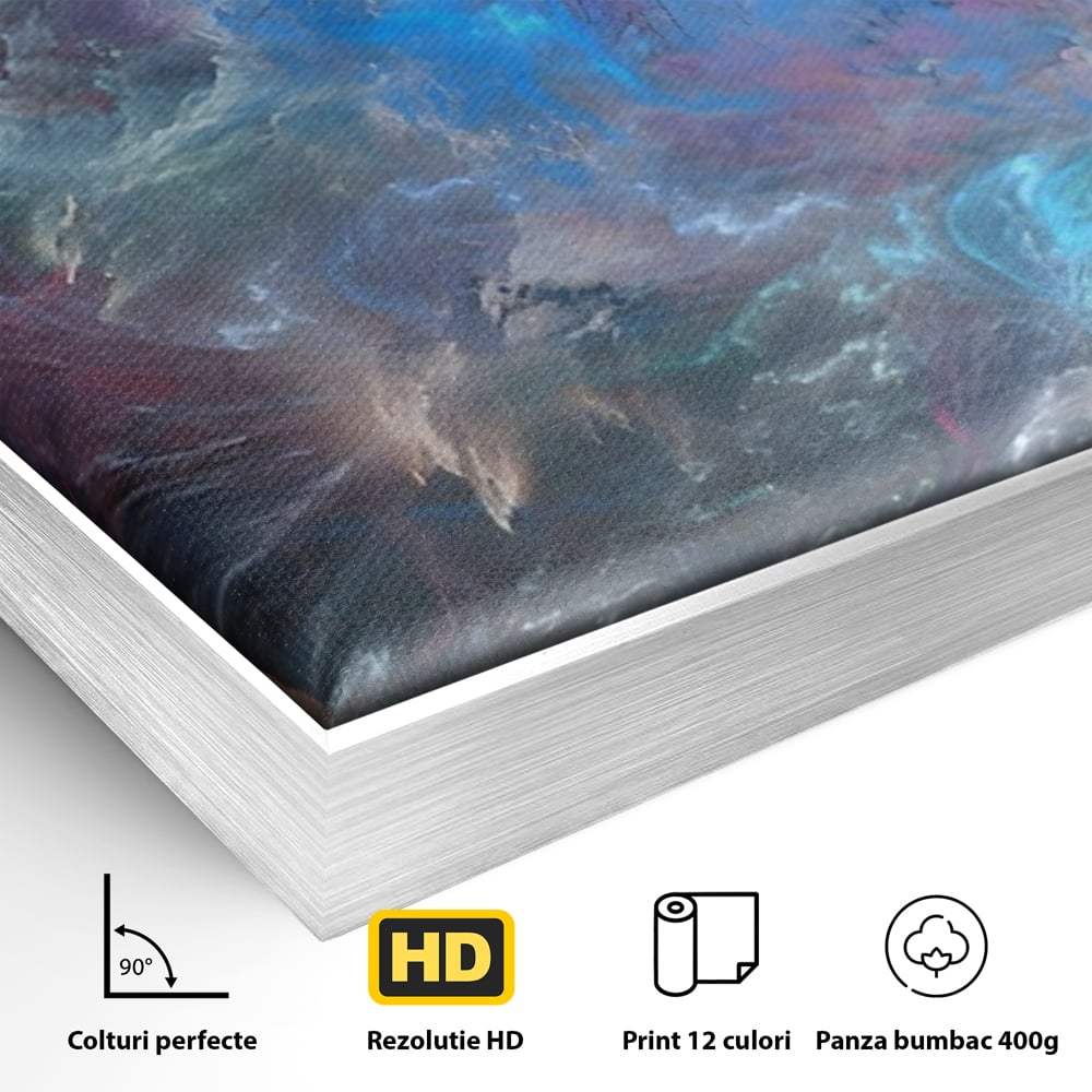 Detaliu al suprafetei: tablou canvas cu explozie cosmica, in rama de aluminiu argintiu