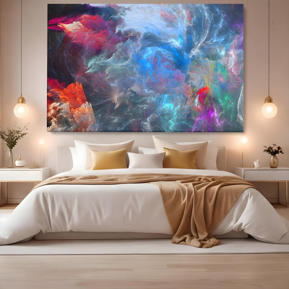 Tablou canvas cu tablou canvas cu explozie cosmica, fara rama, pe sasiu de lemn, pe perete intr-un dormitor