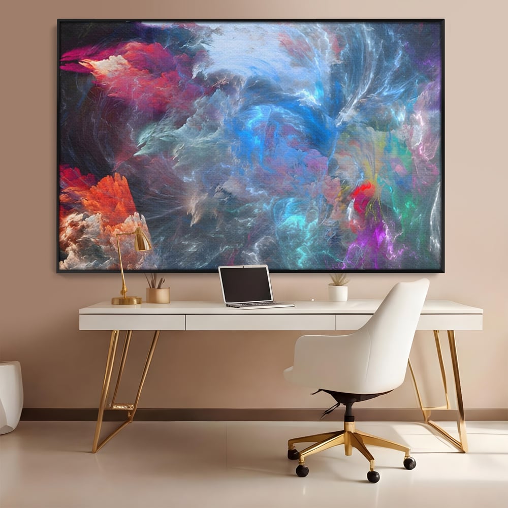 Tablou canvas cu tablou canvas cu explozie cosmica, in rama de aluminiu negru, pe perete intr-un birou