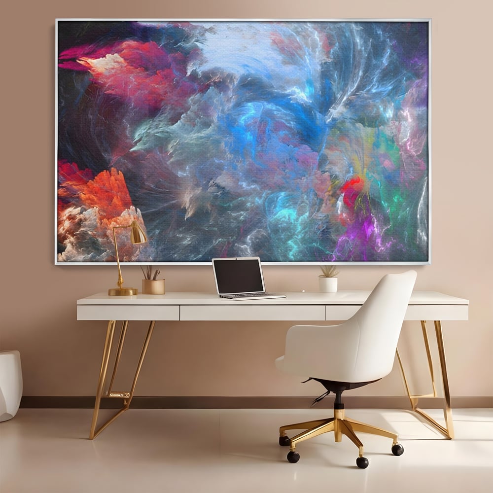Tablou canvas cu tablou canvas cu explozie cosmica, in rama de aluminiu argintiu, pe perete intr-un birou