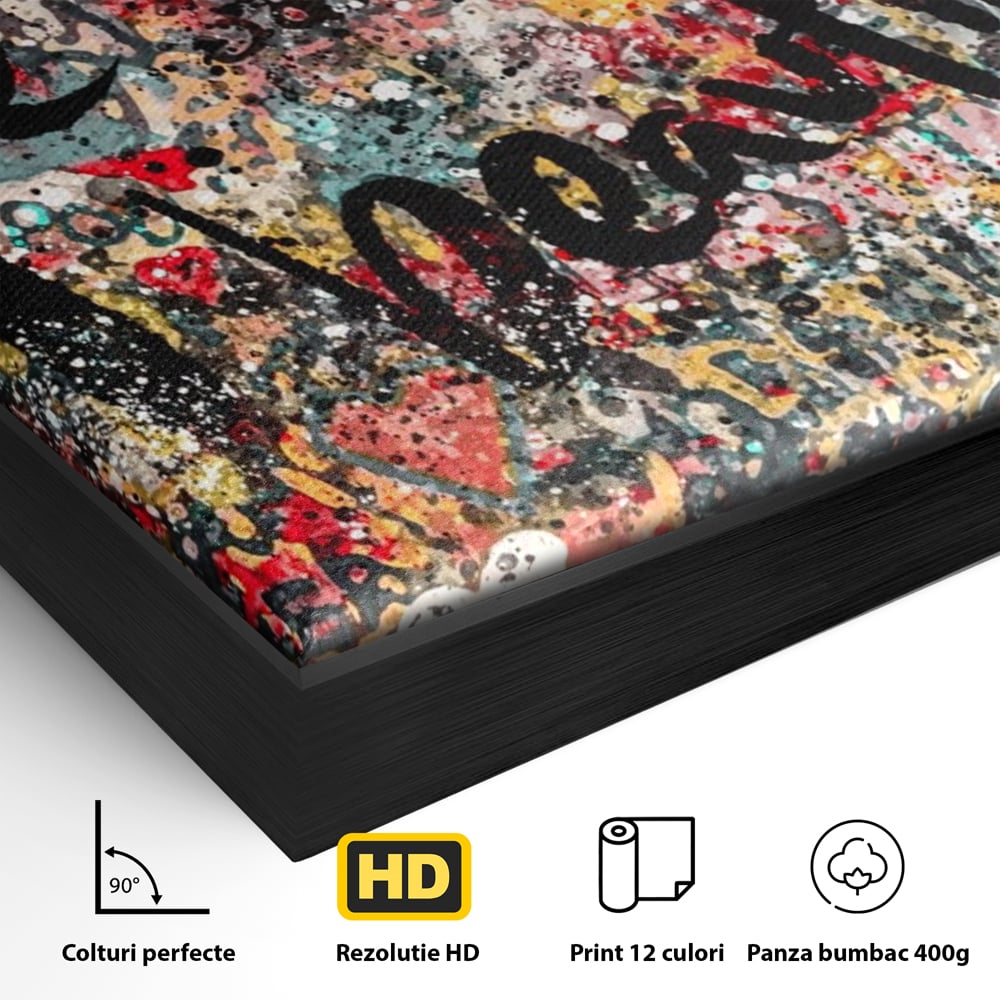 Detaliu al suprafetei: tablou canvas cu mesaj motivational, in rama de aluminiu negru