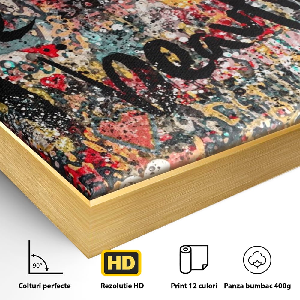 Detaliu al suprafetei: tablou canvas cu mesaj motivational, in rama de aluminiu auriu