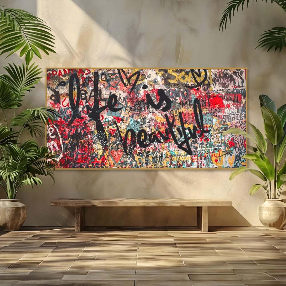 Tablou canvas cu tablou canvas cu mesaj motivational, in rama de aluminiu auriu
