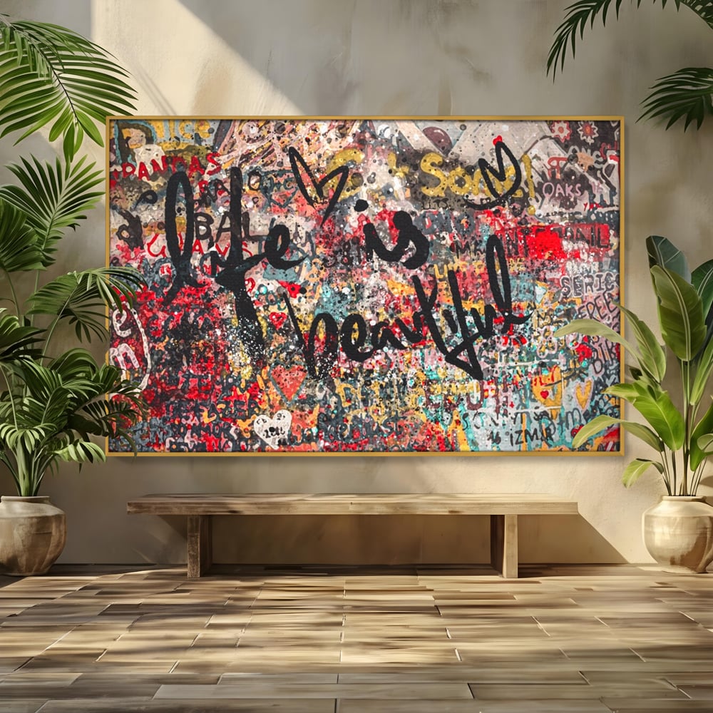 Tablou canvas cu tablou canvas cu mesaj motivational, in rama de aluminiu auriu