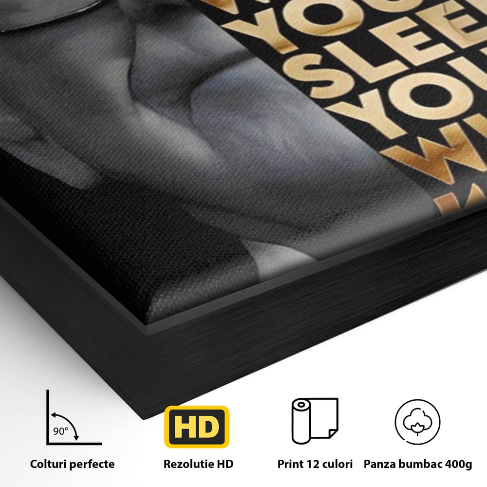 Detaliu al suprafetei: tablou canvas cu warren buffett, in rama de aluminiu negru