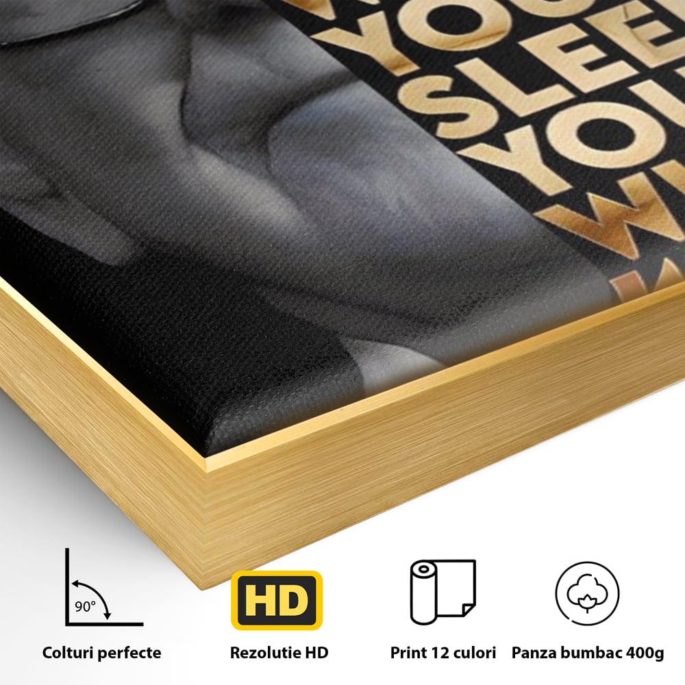 Detaliu al suprafetei: tablou canvas cu warren buffett, in rama de aluminiu auriu