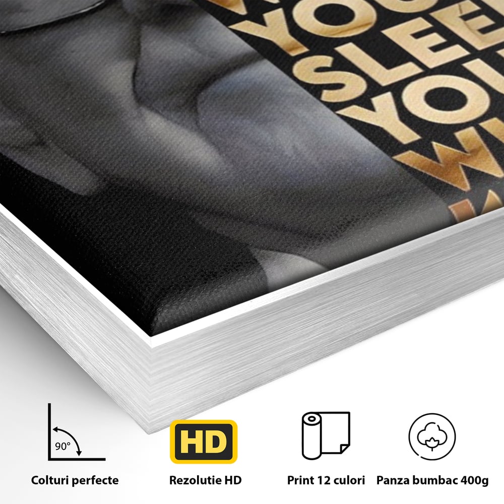 Detaliu al suprafetei: tablou canvas cu warren buffett, in rama de aluminiu argintiu