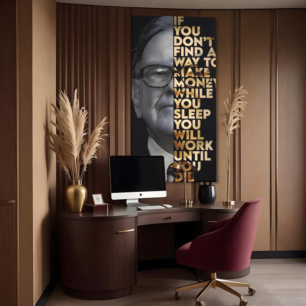 Tablou canvas cu tablou canvas cu warren buffett, fara rama, pe sasiu de lemn, pe perete intr-un birou