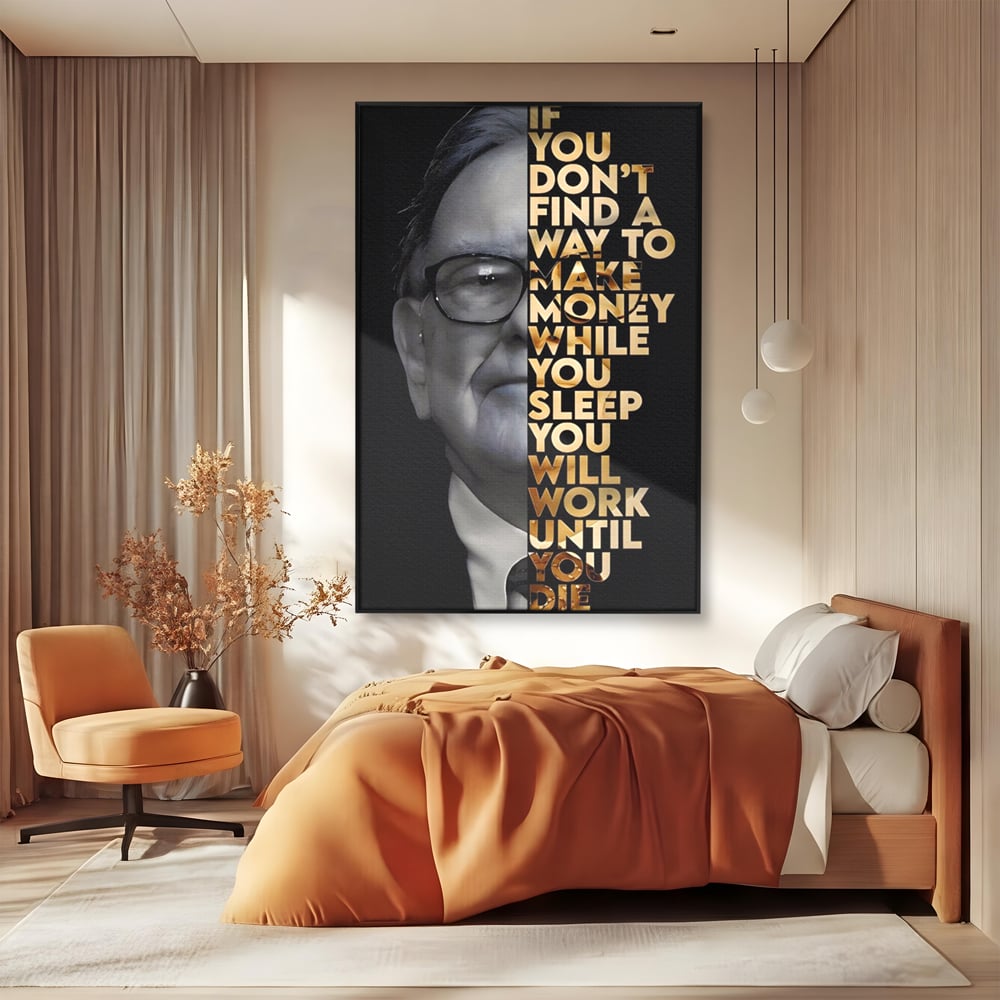 Tablou canvas cu tablou canvas cu warren buffett, in rama de aluminiu negru, pe perete intr-un dormitor