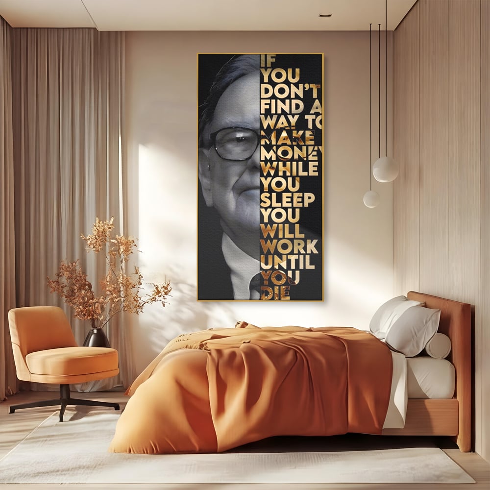 Tablou canvas cu tablou canvas cu warren buffett, in rama de aluminiu auriu, pe perete intr-un dormitor