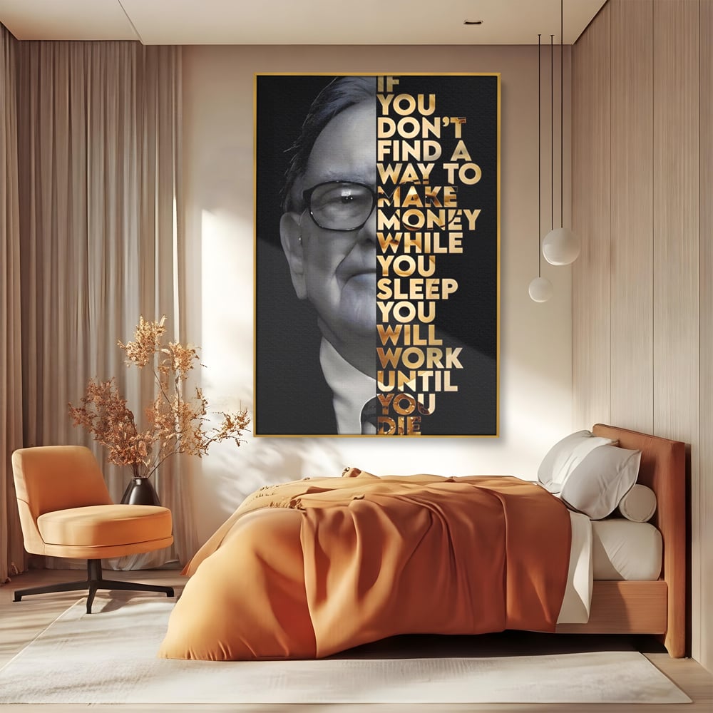 Tablou canvas cu tablou canvas cu warren buffett, in rama de aluminiu auriu, pe perete intr-un dormitor