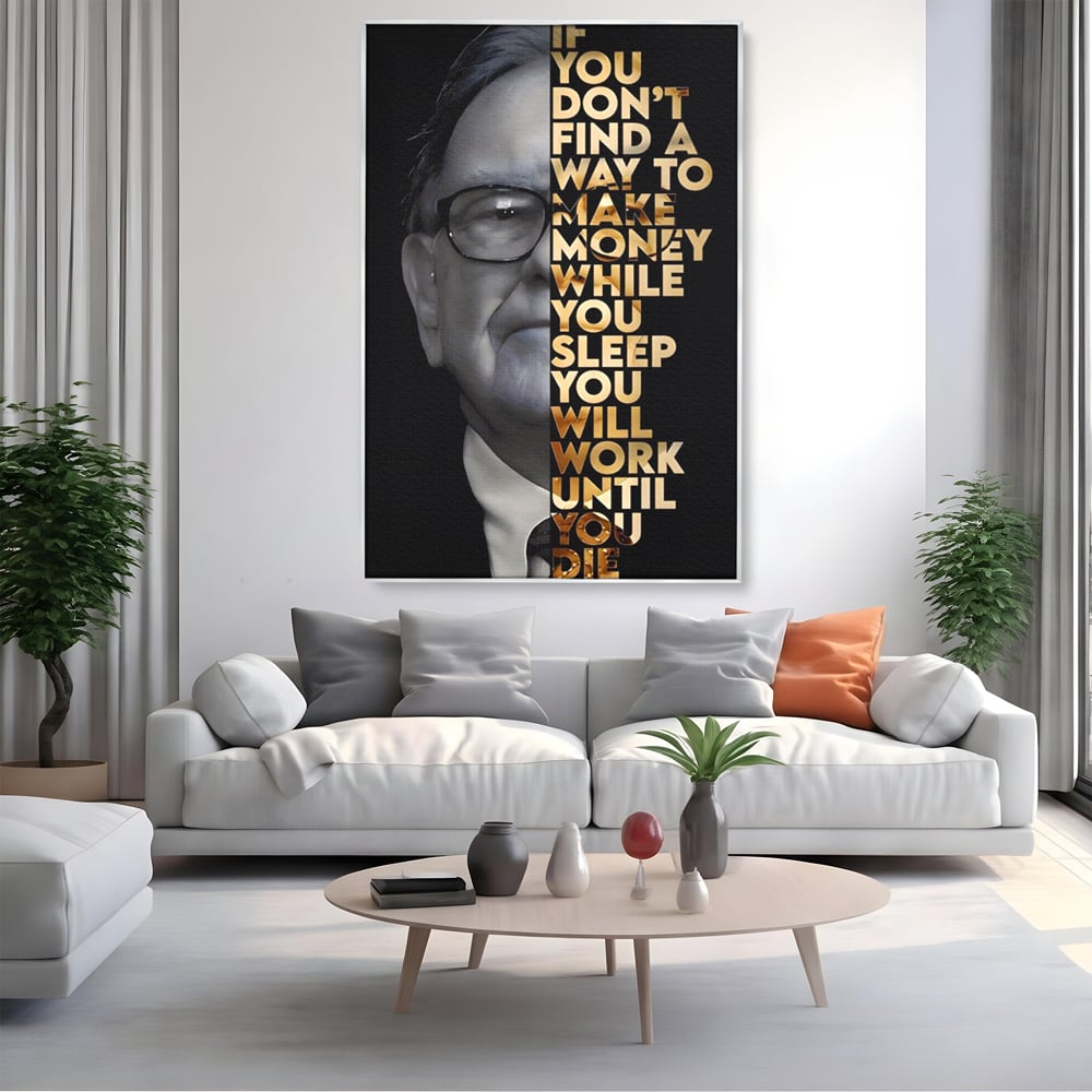Tablou canvas cu tablou canvas cu warren buffett, in rama de aluminiu argintiu, pe perete intr-un living
