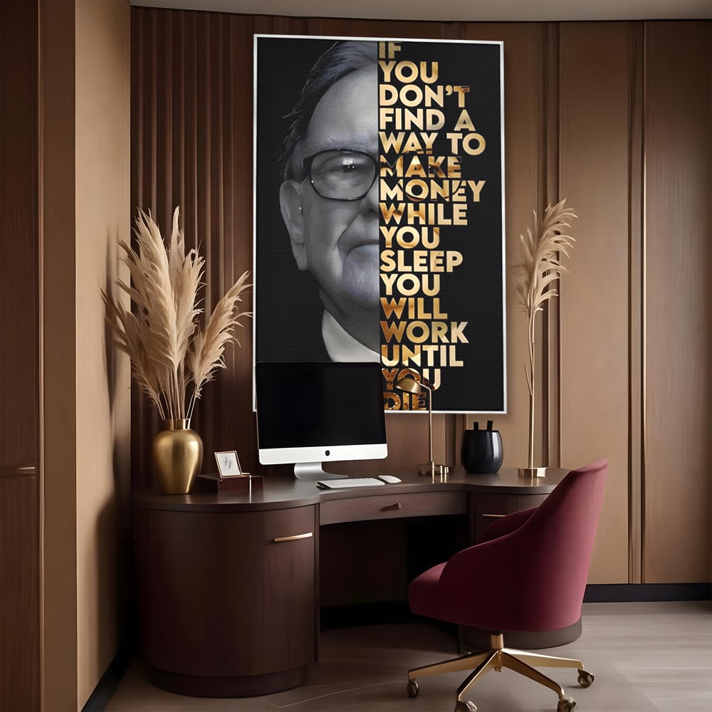 Tablou canvas cu tablou canvas cu warren buffett, in rama de aluminiu argintiu, pe perete intr-un birou