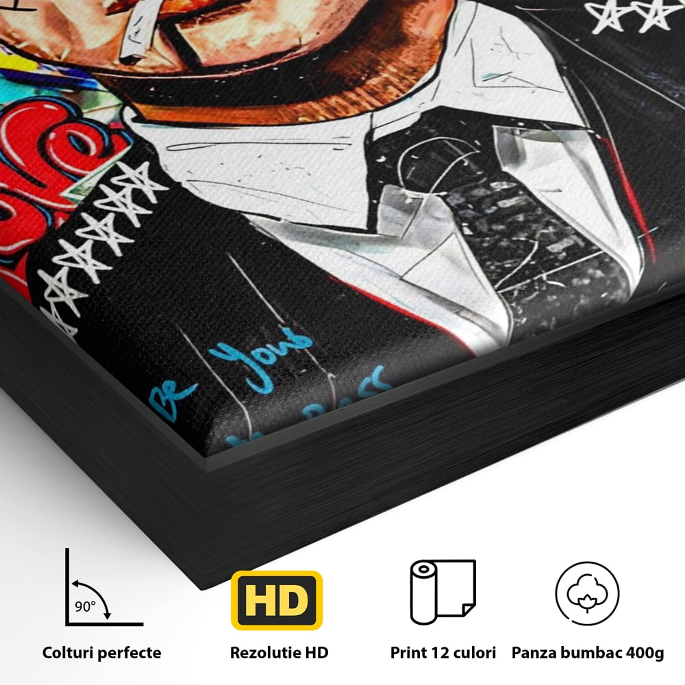 Detaliu al suprafetei: tablou canvas cu personaj tip tommy shelby, in rama de aluminiu negru