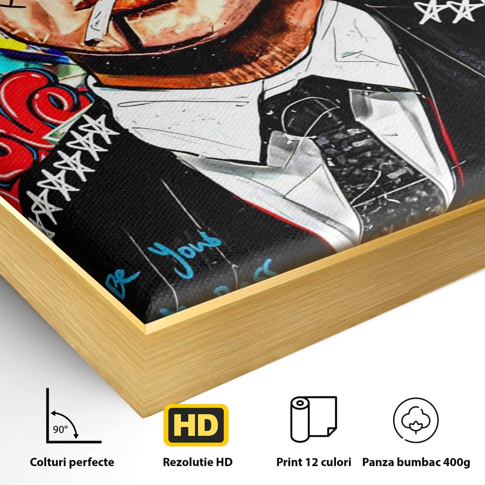 Detaliu al suprafetei: tablou canvas cu personaj tip tommy shelby, in rama de aluminiu auriu