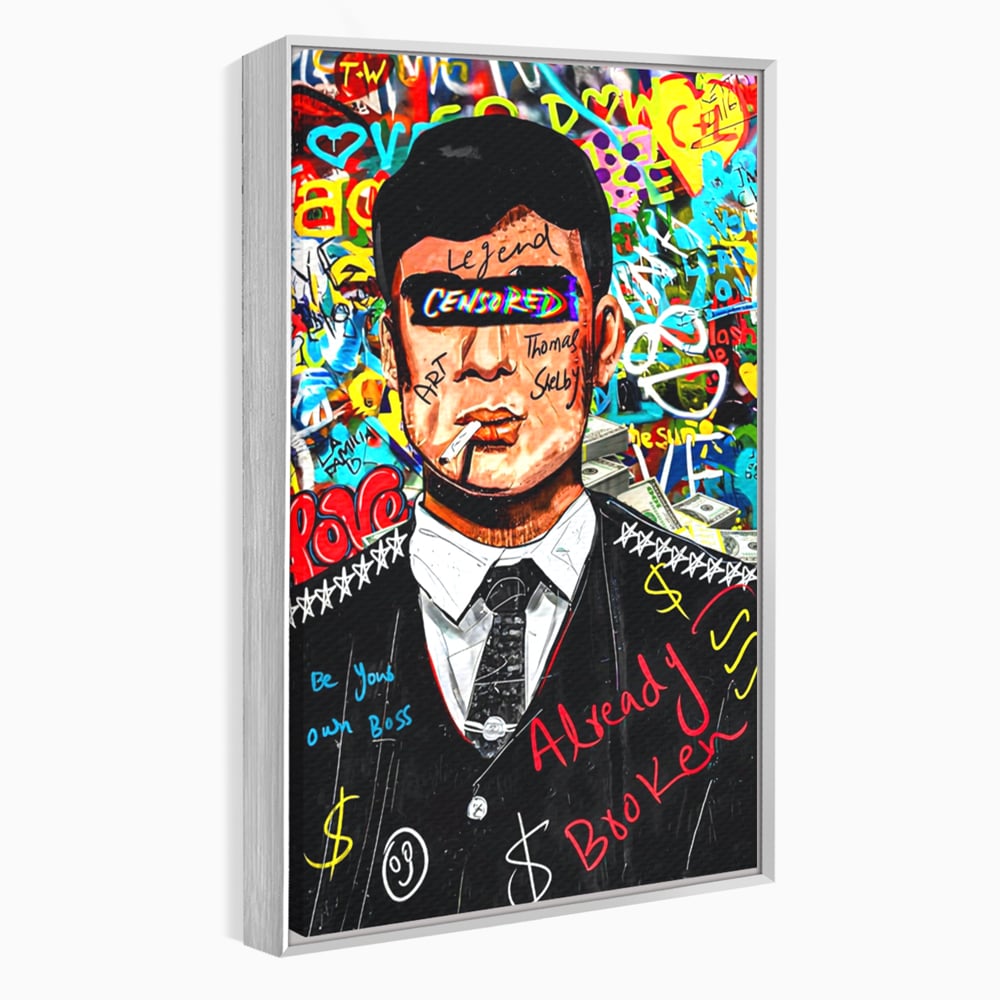 Tablou canvas cu tablou canvas cu personaj tip tommy shelby, in rama de aluminiu argintiu