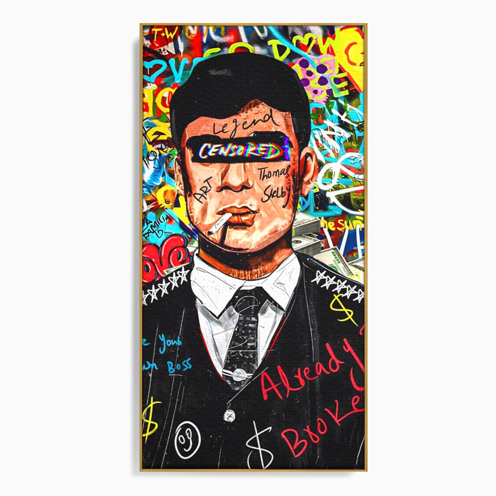 Tablou canvas cu tablou canvas cu personaj tip tommy shelby, in rama de aluminiu auriu