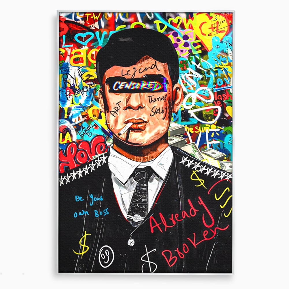 Tablou canvas cu tablou canvas cu personaj tip tommy shelby, in rama de aluminiu argintiu