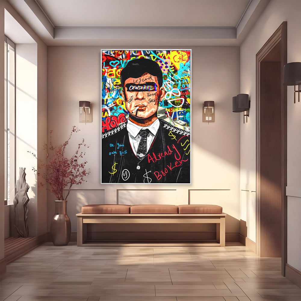 Tablou canvas cu tablou canvas cu personaj tip tommy shelby, in rama de aluminiu argintiu