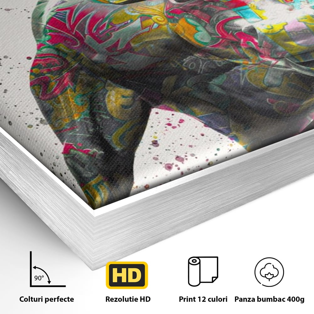 Detaliu al suprafetei: tablou canvas cu taur colorat, in rama de aluminiu argintiu