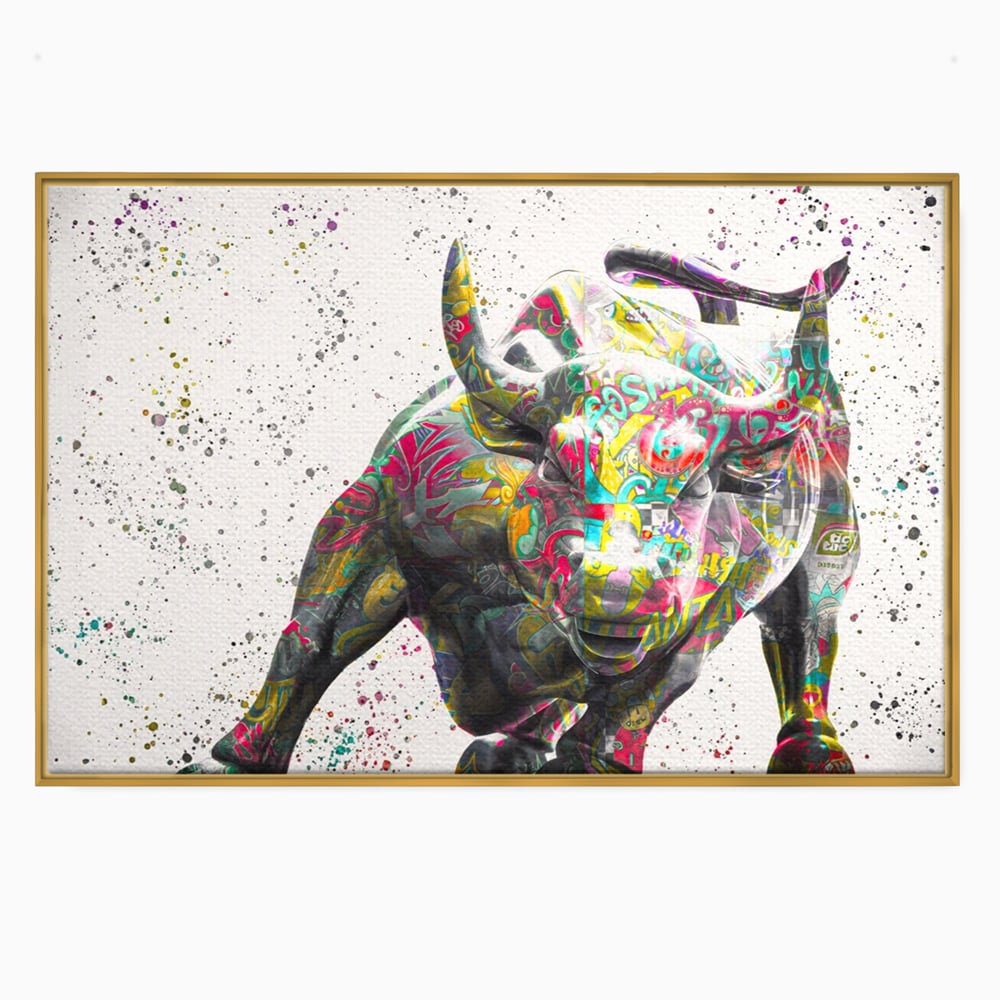 Tablou canvas cu tablou canvas cu taur colorat, in rama de aluminiu auriu
