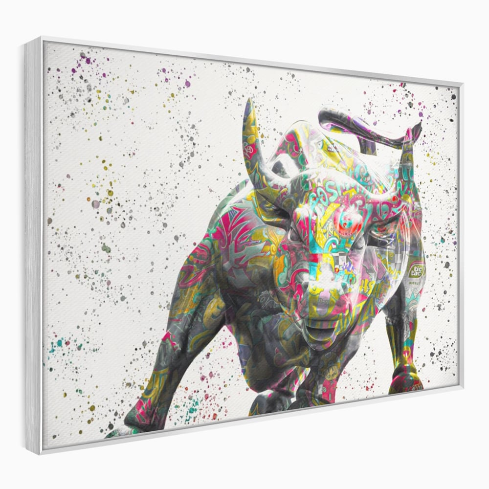 Tablou canvas cu tablou canvas cu taur colorat, in rama de aluminiu argintiu