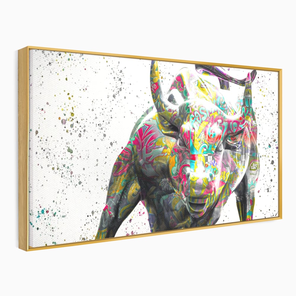 Tablou canvas cu tablou canvas cu taur colorat, in rama de aluminiu auriu