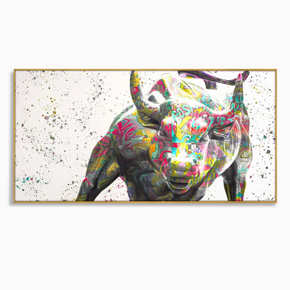 Tablou canvas cu tablou canvas cu taur colorat, in rama de aluminiu auriu