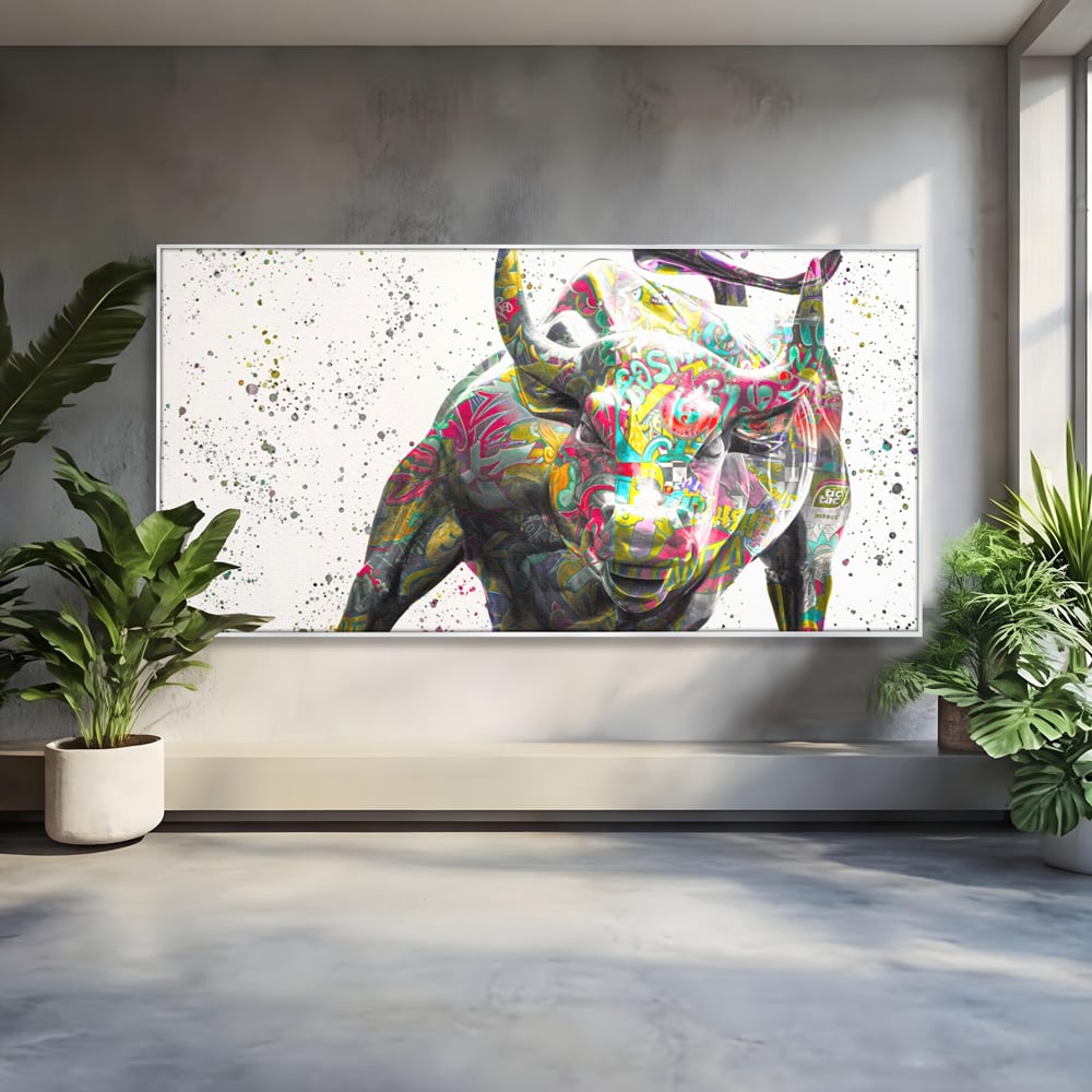 Tablou canvas cu tablou canvas cu taur colorat, in rama de aluminiu argintiu