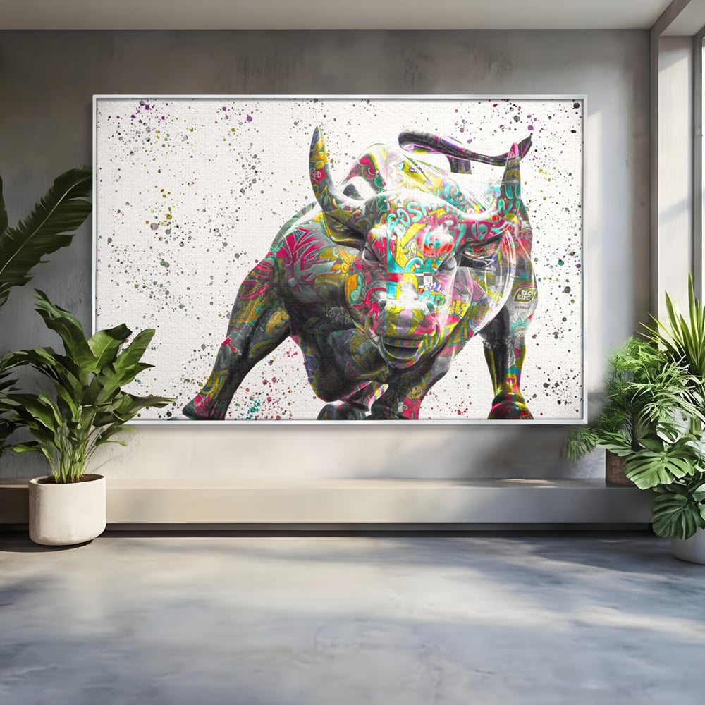 Tablou canvas cu tablou canvas cu taur colorat, in rama de aluminiu argintiu